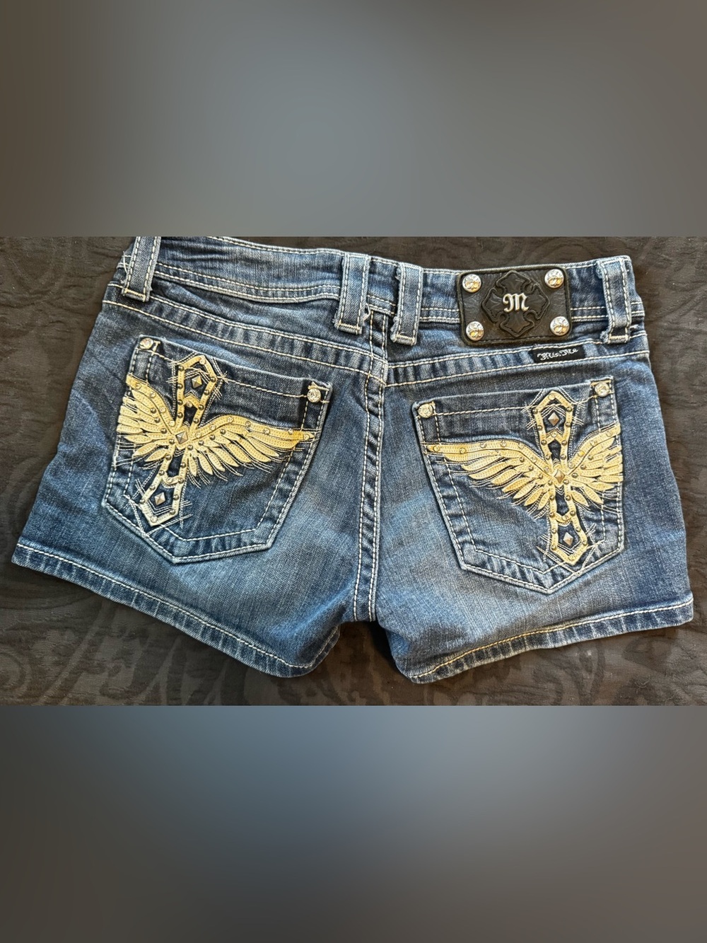 Miss Me Blue Denim Jean Shorts with Gold Wing Embroidery